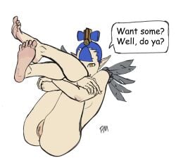 amanozako_(megami_tensei) blue_hair completely_nude feet female looking_at_viewer nude nude_female pm_draws pussy shin_megami_tensei soles speech_bubble toes uncensored yellow_eyes