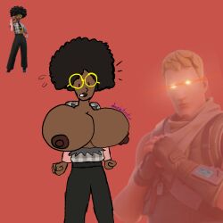 1girls big_breasts big_nipples black_hair black_skin dark-skinned_female davebutnsfw doctor_slone epic_games fortnite funny glasses hyper_breasts wardrobe_malfunction