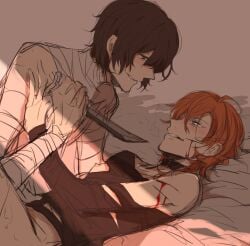 artist_request bandage bandages blood blushing brown_hair brunette bungo_stray_dogs chuuya_nakahara cuts dazai_osamu ginger_hair knife knife_play no_pants