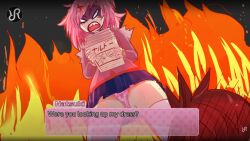 angry blue_skirt book books brown_hair bunny_panties doki_doki_literature_club english_text fire frilled_panties frilly_panties logo low-angle_view natsuki_(doki_doki_literature_club) panties pantyshot pantyshot_(standing) pink_hair pink_panties print_panties skirt teeth_visible text thighs underwear upskirt