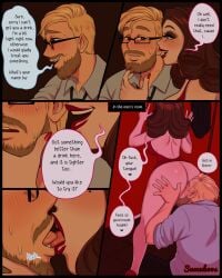 blue_eyes brown_hair charlotte_(succuboos) comic earrings face_in_ass kiss kissing lipstick love red_dress red_nails seducing short_comic succuboos voluptuous webtoon whispering