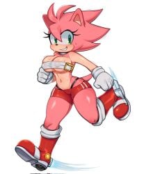 1girls amy_rose barely_covered belt big_breasts casual clothing erect_nipples erect_nipples_under_clothes female footwear hedgehog ichig8miruku looking_at_viewer nipple_bulge pink_hair pink_skin running sega short_shorts shorts smile smiling smiling_at_viewer sonic_(series) sonic_the_hedgehog_(series) sportswear thong thong_above_shorts thong_straps