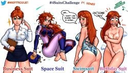 4_suits_challenge ass birthday_suit blush blushing boobs breasts business_suit butt costume_change covering covering_breasts covering_crotch dialogue embarrassed embarrassed_nude_female enf misfitrogue242 naked naked_female nipples nude nude_female renee_(misfitrogue242) space_suit swimsuit tan_lines tits