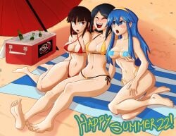 3girls alternate_costume alternate_version_available angry bare_legs bare_thighs beach bikini bikini_bottom bikini_top black_hair blue_bikini blue_eyes blue_hair blue_swimsuit breast_grab breasts cleavage crossover danganronpa danganronpa:_trigger_happy_havoc danganronpa_1 danganronpa_v3 double_breast_grab eyepatch_bikini female_only fire_emblem fire_emblem_awakening freckles frown groping groping_breasts harukawa_maki lagalot laugh legs long_hair lucina_(fire_emblem) medium_breasts mukuro_ikusaba multiple_girls nintendo open_mouth outdoors red_bikini red_eyes red_swimsuit revealing_clothes short_hair sideboob sirlagalot skimpy_bikini smile straight_hair swimsuit thighs tiara towel twintails underboob yellow_bikini yellow_swimsuit yuri