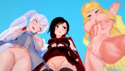 3d abs angry annoyed breasts effineffer embarrassed female flashing flashing_pussy looking_at_viewer muscular muscular_female no_panties nude posing pussy ruby_rose rwby skirt_lift smile weiss_schnee yang_xiao_long