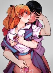 absurd_res absurdres asuka_langley_sohryu blush censored clothing cum gongtak hi_res highres neon_genesis_evangelion red_hair rubbing_pussy sex shinji_ikari skirt standing tagme teasing thigh_sex thighs