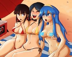 3girls alternate_costume alternate_version_available angry bare_legs bare_thighs beach bikini bikini_bottom bikini_top black_hair blue_bikini blue_eyes blue_hair blue_swimsuit breast_grab breasts cleavage crossover danganronpa danganronpa:_trigger_happy_havoc danganronpa_1 danganronpa_v3 double_breast_grab eyepatch_bikini female_only fire_emblem fire_emblem_awakening freckles frown groping groping_breasts harukawa_maki lagalot laugh legs long_hair lucina_(fire_emblem) medium_breasts mukuro_ikusaba multiple_girls nintendo open_mouth outdoors red_bikini red_eyes red_swimsuit revealing_clothes short_hair sideboob sirlagalot skimpy_bikini smile straight_hair swimsuit symbol-shaped_pupils tan tan_body thighs tiara towel twintails underboob yellow_bikini yellow_swimsuit yuri