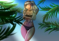 arms_crossed beach blue_eyes dmitriy_mingazov jacket looking_at_viewer medium_breasts mizuse_maria solo solo_female swimsuit thick_thighs tomodachi_game tongue_out underwear white_hair wink winking winking_at_viewer