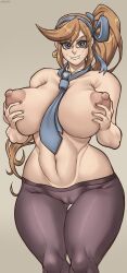 1girls ace_attorney athena_cykes big_areola big_breasts big_eyes big_nipples biting_lip blonde_hair blue_eyes cameltoe castleart colored commission earring eyebrows_visible_through_hair fat_mons female female_only flat_stomach grabbing_own_breasts gyakuten_saiban hourglass_figure huge_breasts leggings necktie_between_breasts no_background ponytail ribbon thick_thighs tie_between_breasts wide_hips widget_(gyakuten_saiban)