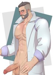 1boy abs absurdres balls bara bare_pectorals beard blush bodysuit closed_mouth erection facial_hair game_freak gay getonjbart highres labcoat large_pectorals looking_at_viewer male male_focus male_only muscles muscular muscular_male naked_labcoat navel nintendo nipples npc_trainer nude open_clothes open_labcoat pectorals penis pokemon pokemon_(game) pokemon_sv professor_turo short_hair simple_background solo solo_male undercut