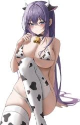 1girls animal_ears animal_print bad_id bad_twitter_id bangs bell biya biya_(1024) black_choker blush breasts choker closed_mouth cow_ears cow_horns cow_print eyebrows_visible_through_hair female hand_up highres horns large_breasts long_hair looking_at_viewer neck_bell original purple_hair sideboob simple_background solo symbol-only_commentary thighhighs thighs underboob white_background yuna_(biya)