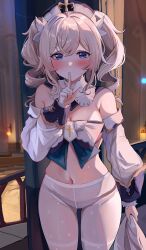 1girls barbara_(genshin_impact) bare_shoulders blonde_hair blue_eyes blush breasts church cleavage cross female genshin_impact looking_at_viewer midriff navel nun pantyhose sak_(lemondisk) shushing skirt skirt_removed sweat twintails white_legwear white_pantyhose