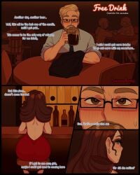 alcohol blue_eyes brown_hair bubble_ass bubble_butt charlotte_(succuboos) comic earrings licking_lips noticing red_dress short_comic succuboos voluptuous webtoon