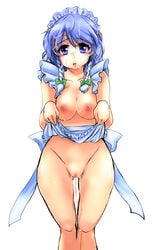 blue_eyes braid breasts buri cum cum_drip cum_on_body cum_on_hair highres maid maid_headdress nipples peeing pussy sakuya_izayoi short_hair silver_hair touhou twin_braids