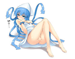 1girls barefoot blue_eyes blue_hair blush bracelet cum dobunezumi dress feet female flat_chest hat ikamusume jewelry legs long_hair lying no_panties pussy pussy_juice shinryaku!_ikamusume solo tentacle tentacle_hair uncensored wet_anus wet_pussy