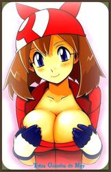 big_breasts blue_eyes breasts brown_hair cleavage female female_only gloves human human_only may_(pokemon) nintendo pokemon smile solo tchonpo tsumitani_daisuke