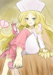 barefoot bed caitlin_(pokemon) caitlin_(pokemon_bw) elite_four feet female footjob human human_only male penis pixiv_thumbnail pokemon pokemon_bw resized sheets straight uncensored very_long_hair yaomai