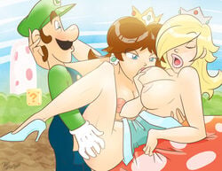 1boy 2010 2girls blonde_hair blue_eyes blush breasts brown_hair female high_heels human laz_(madefromlazers) luigi male mario_(series) nintendo nipples princess_daisy princess_rosalina sex straight super_mario_bros. threesome yuri