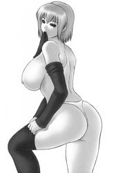 ass ayane_(doa) breasts curvy dead_or_alive dressing highres iruma_kamiri large_breasts monochrome mouth_hold nipple nipples panties short_hair thighhighs thong underwear