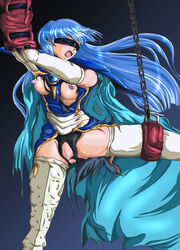 1girls 2010 balklash. blindfold blue_hair bondage breasts censored chains clothing curvaceous female highres human large_breasts long_hair magic_knight_rayearth nipples pale-skinned_female pale_skin panties pussy restrained stockings umi_ryuuzaki