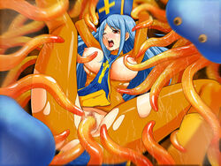 artist_request blue_hair blush breasts censored clothed_sex clothing dragon_quest dragon_quest_iii female healslime interspecies large_breasts latex long_hair monster nipples open_mouth penetration priest_(dq3) pussy rape restrained slime slime_(dragon_quest) tears tentacle torn_clothes vaginal_penetration wince wink