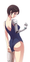 1girls areola_slip areolae ass bare_legs bare_shoulders brown_hair cameltoe fat_mons female female_only fingers high_resolution human legs looking_at_viewer looking_back mudou_eichi nail nipples one-piece_swimsuit pale_skin panties purple_eyes robotic_arm robotic_leg shinatose_izana shiny short_hair sidonia_no_kishi small_breasts solo standing sweat swimsuit swimsuit_pull swimwear thighs underwear watch white_background