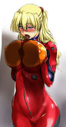 asuka_langley_sohryu asuka_langley_sohryu_(cosplay) blue_eyes blush breasts clothing cosplay cum cum_in_mouth erect_nipples erect_nipples_under_clothes eyewear female glasses hair highres huge_breasts invisible_penis kamia_(not_found) large_breasts long_hair male neon_genesis_evangelion not_found_(artist) oral original paizuri paizuri_over_clothes penis plugsuit plugsuit_(cosplay) straight sugino_miyo titfuck