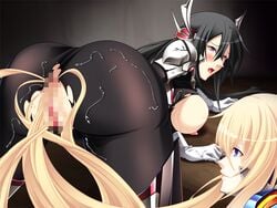 armor black_hair blonde_hair blush female hairjob justice_blade justice_blade_3 long_hair magical_girl multiple_girls rashetto_goldwell sentai yuri yuuki_saki