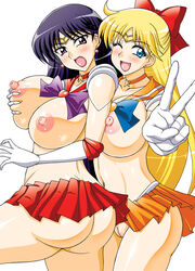 ass bishoujo_senshi_sailor_moon black_hair blonde_hair blue_eyes bow breast_grab breasts choker clothing earrings elbow_gloves female female_only gloves hairbow huge_breasts human innie_pussy large_breasts long_hair magical_girl minako_aino multiple_females multiple_girls nipples open_mouth pussy rainkeru rei_hino sailor_collar sailor_mars sailor_venus skirt tiara uncensored yuri