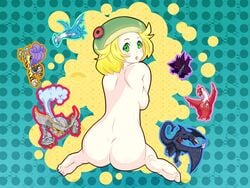 1girls artist_request ass bad_id beret bianca_(pokemon) blonde_hair blush breasts gengar green_eyes hat latias latios looking_at_viewer looking_back metagross nintendo nude open_mouth pokemon pokemon_(species) pokemon_bw raikou short_hair sideboob sitting solo