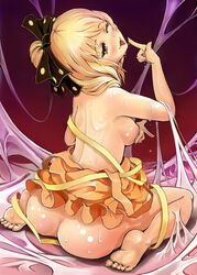 1girls 5_fingers 5_toes ass barefoot blonde_hair blush bottomless breast_hold butt covering feet fingernails hairbow highres looking_back naughty_face nipple no_humans no_panties red_eyes sai-go sitting sweat team_shanghai_alice toenails tongue topless touhou wariza wink yamame_kurodani youkai