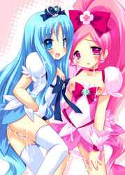 2girls blue_eyes blue_hair blush bow breasts clothing cum cum_on_body cum_on_breasts cum_on_hair cum_on_lower_body cum_on_upper_body cure_blossom cure_marine dress emily_(artist) emily_(pure_dream) emily_(sstomomi) erika_kurumi facial heartcatch_precure! heartcatch_pretty_cure! long_hair magical_girl multiple_girls nipples panties panty_pull pink_eyes pink_hair ponytail precure pretty_cure small_breasts stockings thighhighs tied_hair tsubomi_hanasaki underwear