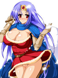 acute blue_hair blush bottomless breasts cape censored cleavage clothing dragon_quest dragon_quest_iii dress gloves highres huge_breasts large_breasts long_hair no_panties pussy pussy_juice red_eyes sack sage_(dq3) smile sweat vagina