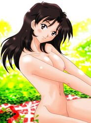 1girls blush breasts brown_eyes brown_hair female gainax hair hikari_horaki human large_breasts light-skinned_female light_skin long_hair looking_at_viewer neon_genesis_evangelion nipples nude posing short_hair smile solo wide_hips