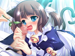 animal_ears bell blue_eyes brown_hair cat_ears cat_tail censored cute_fang dress fur game_cg handjob jingle_bell licking maid maid_dress maid_headdress tail tied_hair tongue twintails zettai_maou