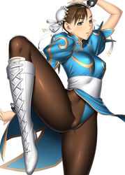 ass blush boots breasts brown_eyes brown_hair cameltoe china_dress chinadress chinese_clothes chun-li dress erect_nipples highres kansuke pantyhose smile spread_legs straight_hair street_fighter thighs wedgie