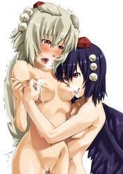 animal_ear black_hair blush breast_sucking breastfeeding breasts breath dog_ear dog_tail female hat lactation momiji_inubashiri multiple_girls nipple_tweak nipples nude pussy red_eyes shameimaru_aya silver_hair tail tokin_hat tongue touhou uncensored wings wolf_ear wolf_tail yuri yuuki_maya