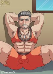 abs armpits arms_up balls bara beard biceps bulge facial_hair game_freak gay loincloth male male_only muscular nintendo pecs pokemon pokemon_sv professor_turo yunartsn