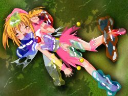 blonde_hair breasts censored closed_eyes day feathers female from_above full_body grass hat inferno_(nanbu14) lying minami_kaede on_floor open_mouth outdoors rape restrained skirt slime_(substance) solo tears torn_clothes twintails wagamama_fairy_mirumo_de_pon!