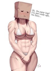 abs bag big_breasts bikini breasts cleavage clothing dialogue english_text female hair head hi_res insecure mask masked masked_female muscular muscular_female obscured_face original original_character paper paper_bag_hat scar shy solo speedl00ver text