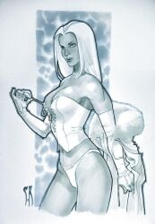 1girls clothed emma_frost marvel marvel_comics medium_hair stephane_roux straight_hair traditional_media_(artwork) white_and_blue white_clothing white_queen x-men