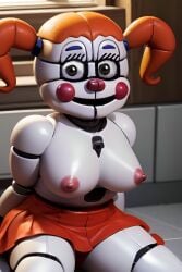 ai_generated animatronic animatronic_female auburn_hair baby_(fnafsl) big_breasts breasts circus_baby circus_baby_(fnaf) clown clown_girl clown_nose eyelashes female female_only five_nights_at_freddy's five_nights_at_freddy's:_sister_location fnaf green_eyes haunted pale-skinned_female pale_skin pixai possessed red_skirt robot_girl robot_humanoid scottgames sister_location sitting sitting_on_another solo topless twintails white_skin