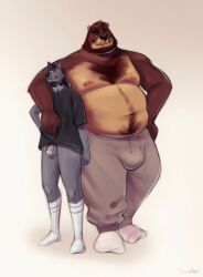 alex_(rovindeer) anthro arm_around_shoulders balls beard biped black_hair blush bottomless brown_body brown_fur brown_hair bulge canid canine canis chastity_cage chastity_device chest_tuft closed_eyes clothed clothing collar digital_drawing_(artwork) digital_media_(artwork) duo facial_hair facial_piercing footwear fur gabriel_(rovindeer) gay genitals grey_body grey_fur hair holding_leash holding_object leash looking_at_viewer male mammal multicolored_body multicolored_fur nipple_piercing nipples nose_piercing piercing pubes rovindeer shirt signature simple_background size_difference smile socks standing sweatpants topwear tuft two_tone_body two_tone_fur ursid white_background wolf yaoi