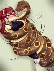 1girls 1monster asphyxiation bangs big_breasts blush breasts clenched_teeth coiling constriction drooling fire_emblem fire_emblem_awakening heavy_breathing large_breasts long_hair nintendo red_eyes red_hair restrained saliva severa_(fire_emblem) snake stran-things twintails