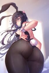 1girls animal_ears ass ass_focus black_hair blue_eyes blush breasts bunny_ears bunny_tail bunnysuit cameltoe hair_ornament hi_res long_hair looking_at_viewer mitsu_art pantyhose sakurajima_mai seishun_buta_yarou_wa_bunny_girl_senpai_no_yume_wo_minai solo_female thick_thighs