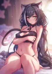 1girls absurdres animal_ear_fluff animal_ears black_hair blurry blurry_background blush bra breast_grab breasts breath cameltoe cat_ears cat_girl cat_lingerie cat_tail cleavage depth_of_field detailed_background female green_eyes highres indoors karyl_(princess_connect!) kyaru_(princess_connect) long_hair low_twintails medium_breasts mitsu_art multicolored_hair navel nekomimi panties princess_connect! princess_connect!_re:dive shy sitting solo streaked_hair tail thick_thighs twintails very_long_hair