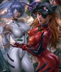 2girls ass asuka_langley_sohryu auburn_hair bandage blue_eyes blue_hair bodysuit bondage breasts brown_hair cap clothing destroyed_building detailed_background eye_patch female_only hair_ornament hat hi_res latex logan_cure long_hair looking_at_viewer medium_breasts neon_genesis_evangelion nipples orange_hair pale-skinned_female pale_skin plugsuit realistic rebuild_of_evangelion red_clothing red_eyes rei_ayanami short_hair teenage_girl teenager teenagers tight_clothing white_clothing