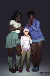 1boy 2futas androgynous asymmetrical_hair blonde_hair choker clothed clothing dark-skinned_futanari dark_skin dasha_smith-ivanova dmitrys dolphin_shorts dreadlocks eyeshadow femboy femboydom full_body fully_clothed futa_with_futa futa_with_male futanari glasses green_skirt group hair_pulled_back hairband height_difference highlights human imminent_sex implied_futanari interracial intersex jacket larger_futanari light-skinned_femboy light-skinned_male light_skin male mascha_smith-ivanova multicolored_hair own_hands_clasped palms_together peach_(dmitrys) russian_text shirt shoes short_hair short_shorts simple_background size_difference skirt smaller_male socks standing tall_female teasing thick_thighs virgin