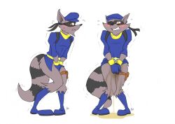 anthro bibarel_rei blush bodily_fluids clothing desperation full_bladder genital_fluids holding_crotch male mammal omorashi peeing potty_dance procyonid raccoon simple_background sly_cooper sly_cooper_(series) smooth_fur solo sony_corporation sony_interactive_entertainment sucker_punch_productions urine video_games wetting white_background