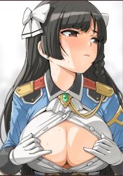 1girls black_hair blush brown_eyes cleavage epic7 female huge_breasts junkie3g_(artist) karin_(epic7) large_breasts long_hair nervous open_shirt sweat sweatdrop